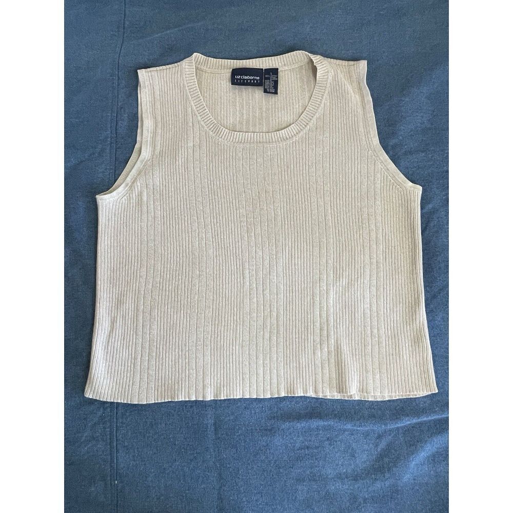 VTG Liz Claiborne Sweatervest Womens LG Beige Knit Preppy Sporty 90s Neutral